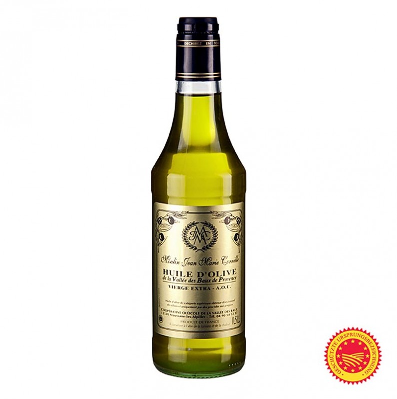 Aceite de oliva virgen, Fruite Noir, ligeramente dulce, Baux de Provence, DOP, Cornille - 500ml - Botella