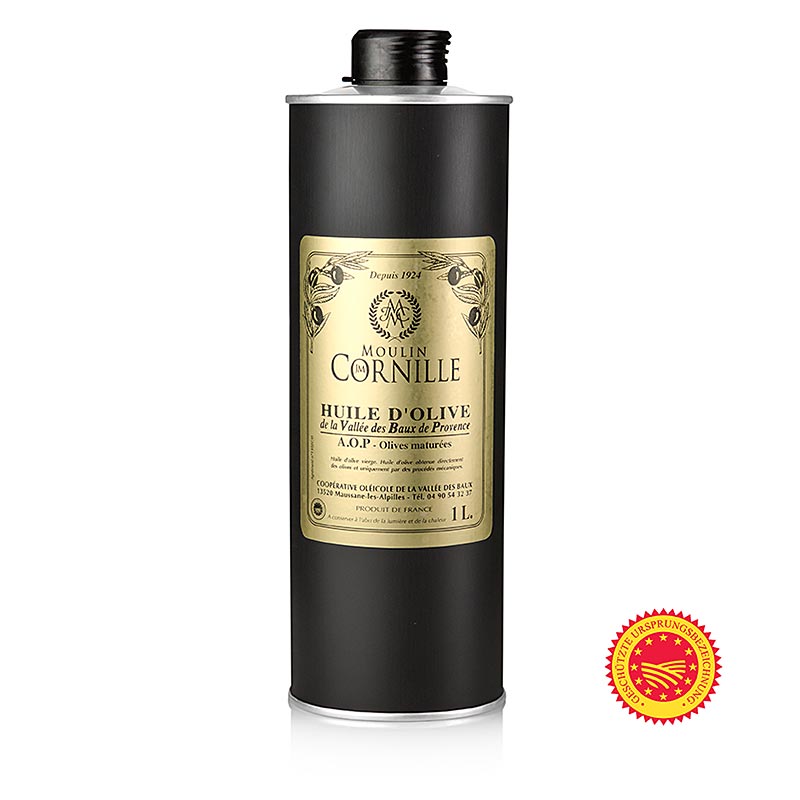 Olio d`oliva vergine, Fruite Noir, leggermente dolce, Baux de Provence, DOP, Cornille - 1 litro - contenitore