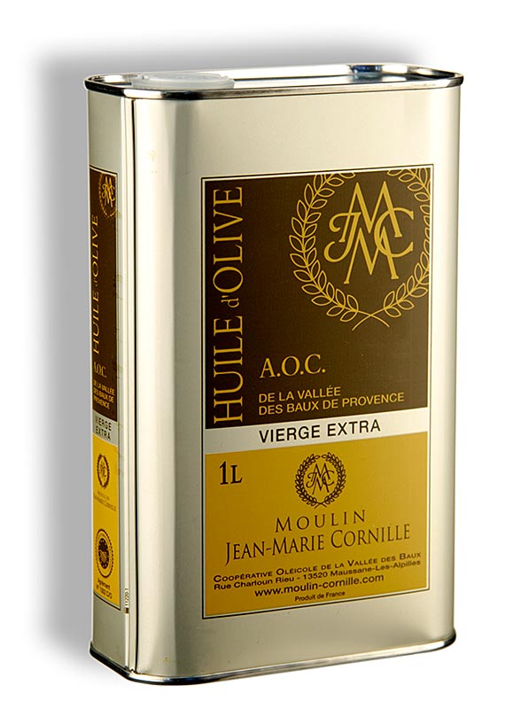 Aceite de oliva virgen, Fruite Noir, ligeramente dulce, Baux de Provence, DOP, Cornille - 1 litro - frasco