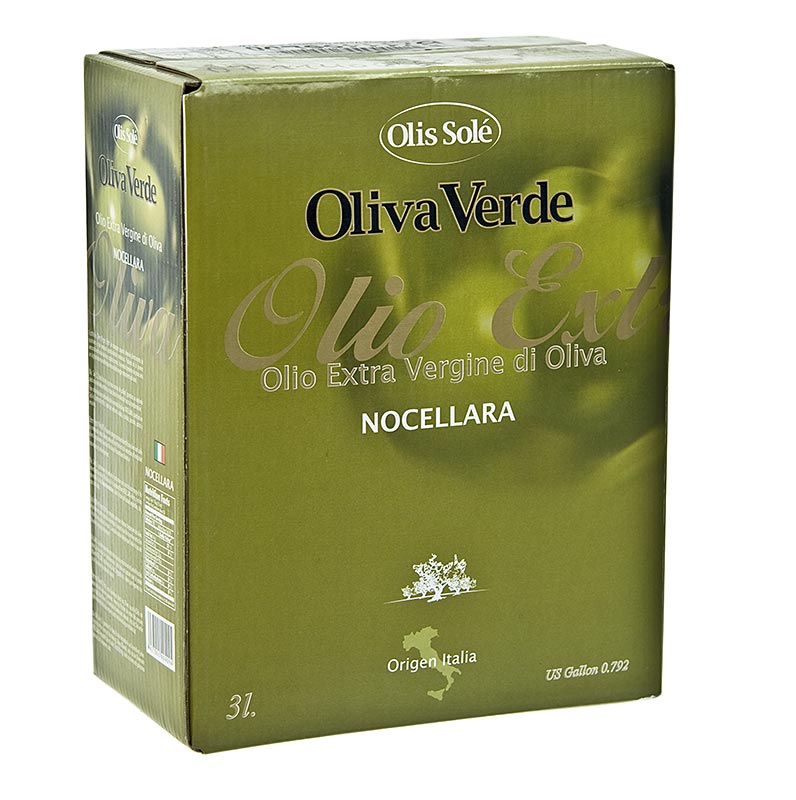 Ekstraneitsytoliivioljy, Oliva Verde, Nocellara-oliiveista - 3 litraa - Laukku laatikossa