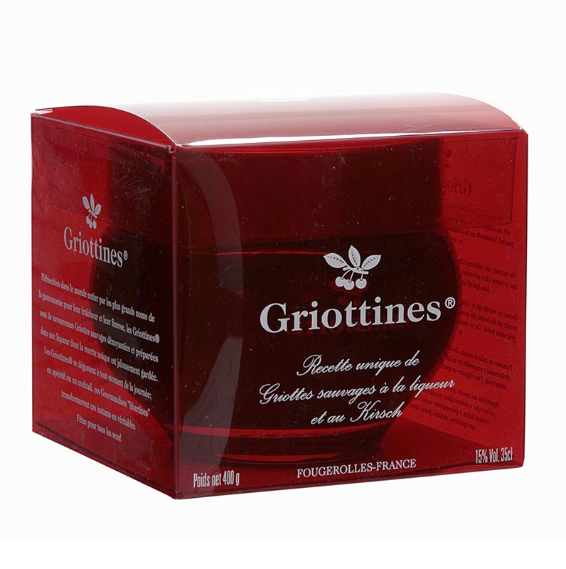 Griottines Original - villit hapankirsikat, kirssissa, ilman kuoppaa, makea, 15 tilavuusprosenttia. - 400g - Lasi