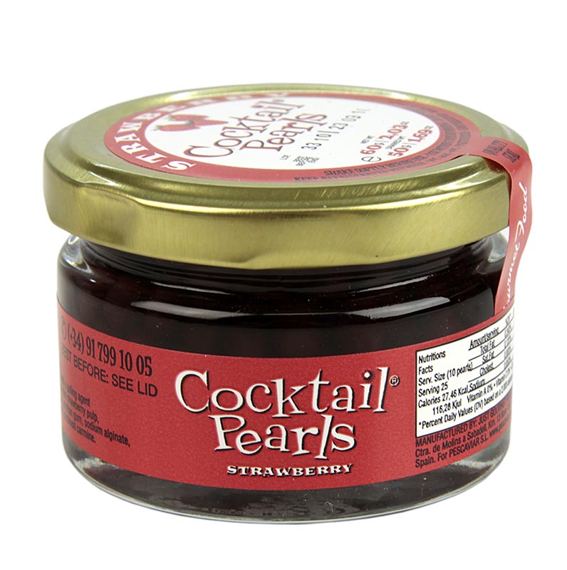 Caviar de frutas fresa, tamano perla 5 mm, esferas, perlas coctel - 55g - Vaso