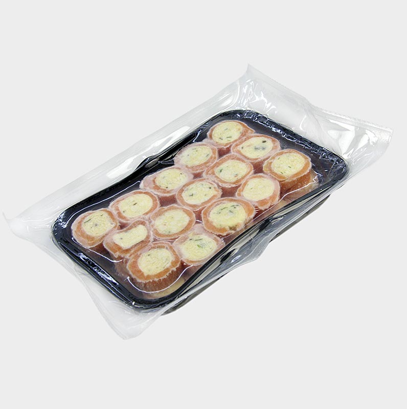 Rolle di salmone affumicato, mediterraneo, con olive e crema di formaggio - 300 g, 30x10 g - Cartone