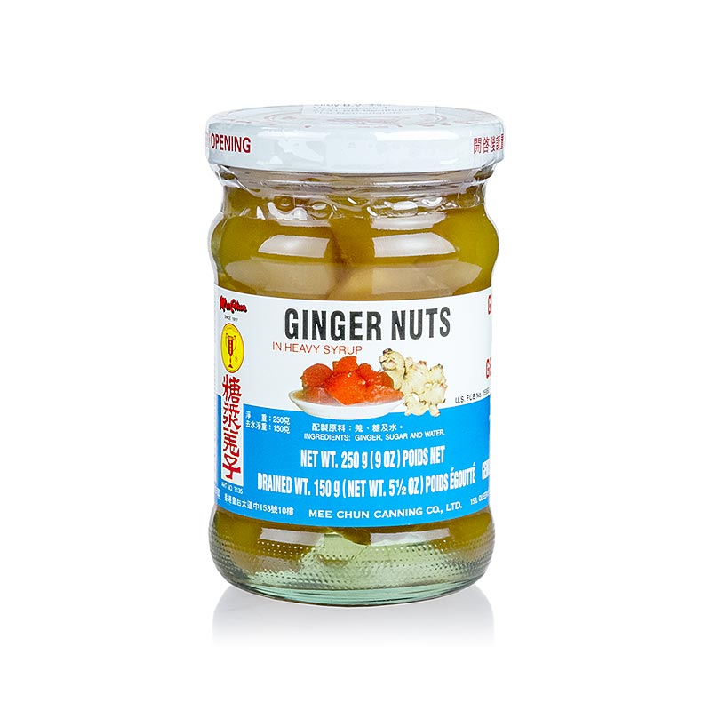 Ingwernüsse, kandiert, in Sirup, von Mee Chun - 250 g - Glas Ingwernüsse, kandiert, in Sirup, von Mee Chun - 250 g - Glas