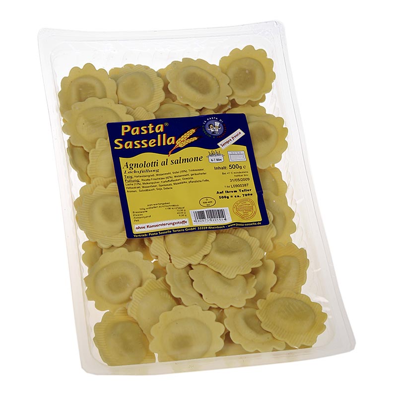 Agnolotti freschi con ripieno di salmone, tondi e leggeri, pasta sassella - 500 g - Guscio in PE