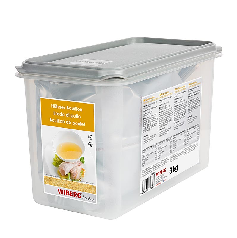 Caldo de pollo Wiberg claro, fuerte, para 136 litros - 3 kilos - caja multiple