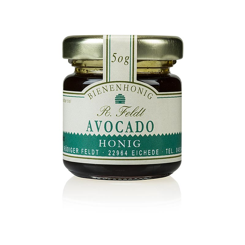 Miele di avocado, Messico, scuro, liquido, aroma leggero di prugna, vasetto monoporzione di Apicoltura Feldt - 50 g - Bicchiere