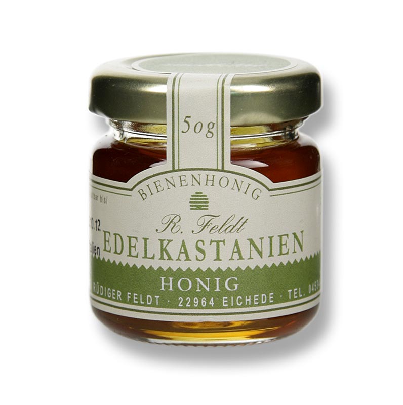 Makea kastanjahunaja, Italia, keskiruskea, nestemainen, katkeransuloinen, annospurkki Beekeeping Feldtilta - 50g - Lasi