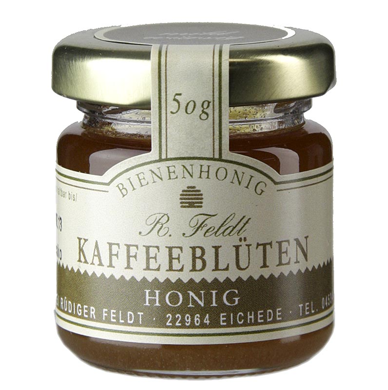 Miel de flor de cafe, Mexico, oscura, cremosa, suave y finamente aromatica, tarro en porciones, apicultura Feldt - 50 gramos - Vaso