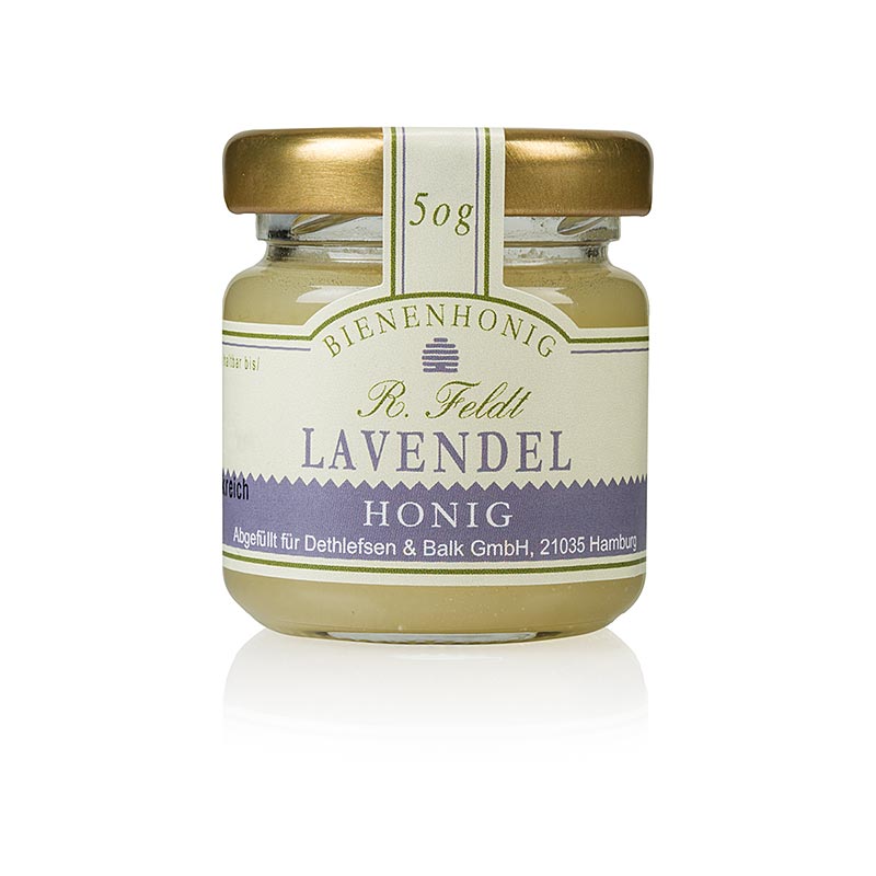 Mel de lavanda, Franca, branco, cremoso, totalmente floral, frasco de porcao da apicultura Feldt - 50g - Vidro