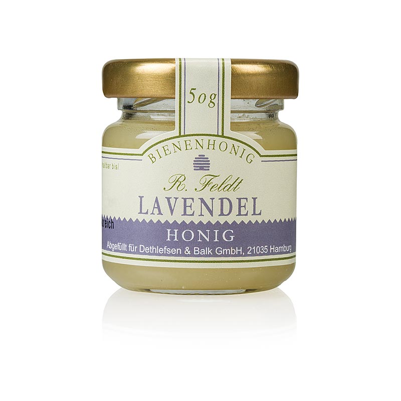 Miel de lavanda, Francia, blanca, cremosa, llena de flores, tarro de porciones de la apicultura Feldt - 50 gramos - Vaso