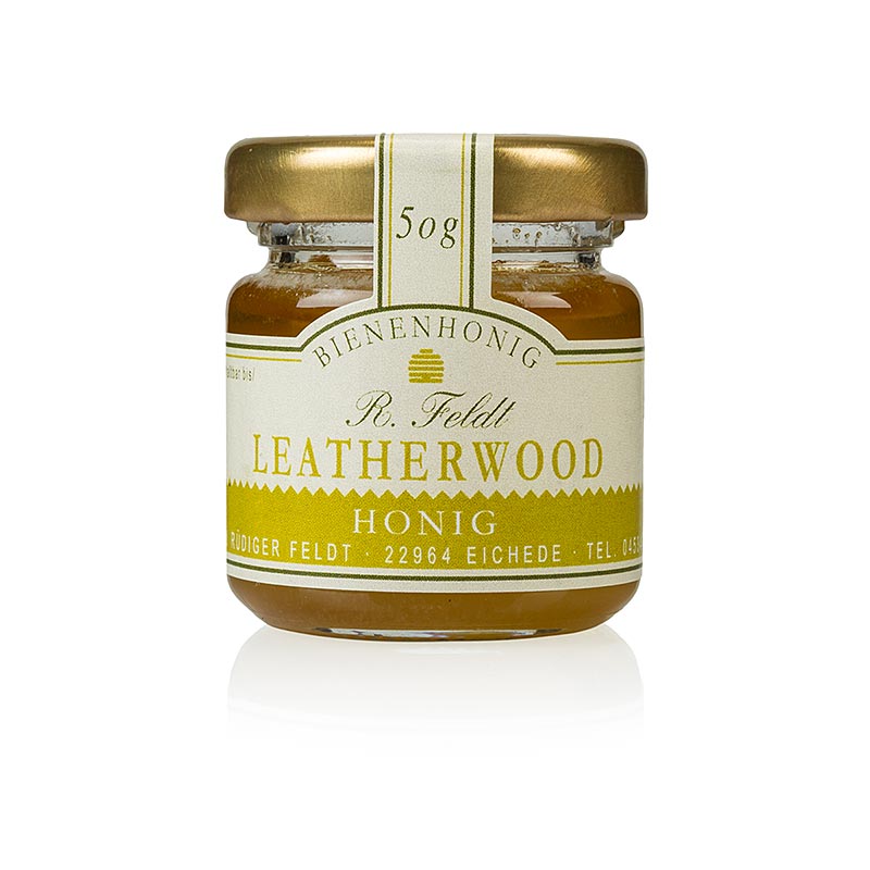 Miel de Leatherwood, Tasmania, marron claro, cremosa, muy aromatica, tarro de porciones de Feldt Beekeeping - 50 gramos - Vaso