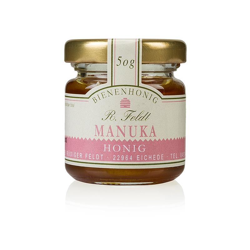 Mel de Manuka (arvore do cha), Nova Zelandia, escuro, liquido, forte, apicultura em copo de porcao Feldt - 50g - Vidro