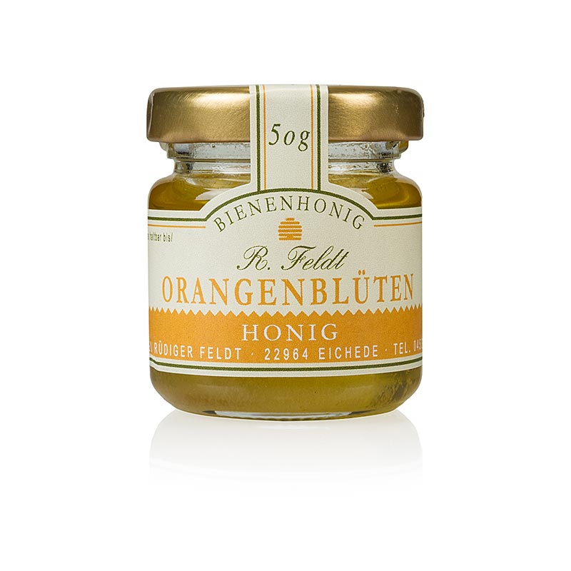 Appelsinublomahunang, Spann, gulllitadh, fljotandi, yndislegt skammtakrukka fra Feldt Beekeeping - 50g - Gler