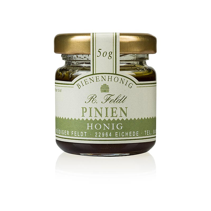 Miele di pino cembro, dell`Egeo, miele di pino cembro scuro, leggermente piccante, vasetto monoporzione dell`apicoltura Feldt - 50 g - Bicchiere