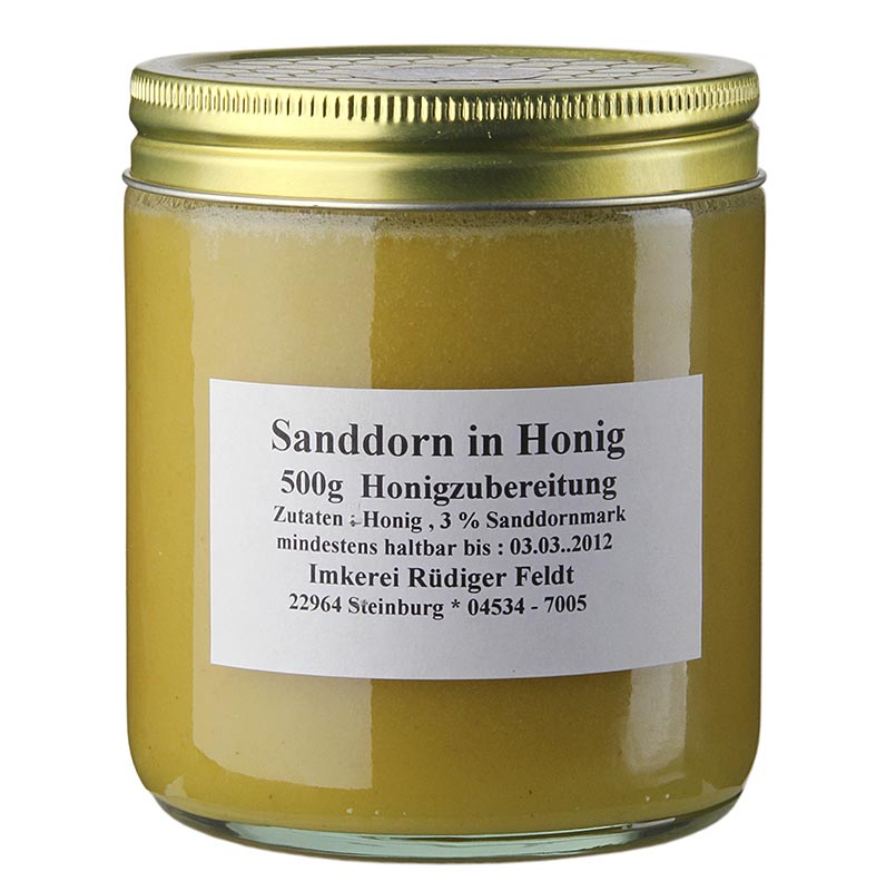 Havtorn i honung, harmonisk, milt fruktig Biodling Feldt - 500 g - Glas