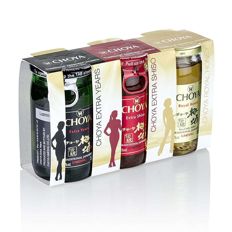 Pflaumen-Wein Choya Pio 3er Set (Extra Years, Extra Shiso, Royal Honey) 15% vol. - 150 ml, 3 x 50ml - Karton Pflaumen-Wein Choya Pio 3er Set (Extra Years, Extra Shiso, Royal Honey) 15% vol. - 150 ml, 3 x 50ml - Karton