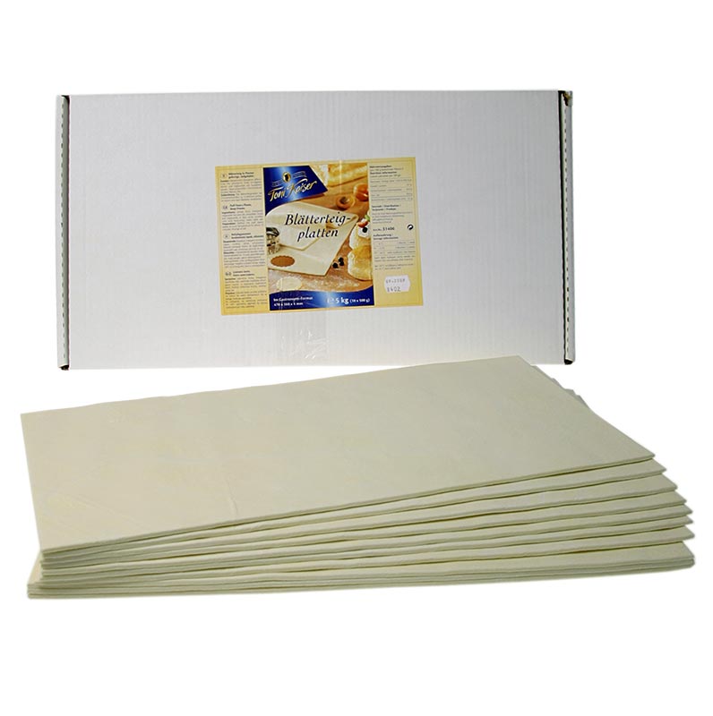 Pasta sfoglia, fogli da 47 x 26 x 0,4 cm, Toni Kaiser - 5 kg, 10 confezioni da 500 g - Cartone