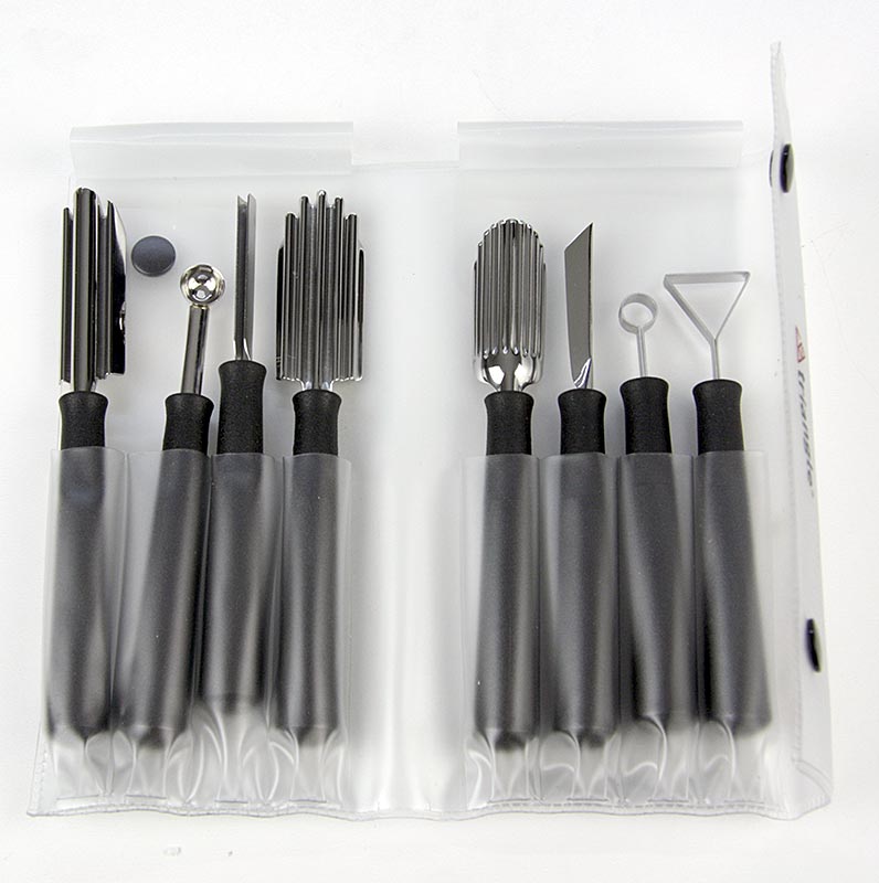 Set speciale di coltelli da intaglio: coltello da intaglio e per intagliare, modellatore di sfere, triangolo in acciaio inossidabile - 8 pezzi - Cartone Set speciale di coltelli da intaglio: coltello da intaglio e per intagliare, modellatore di sfere, triangolo in acciaio inossidabile - 8 pezzi - Cartone