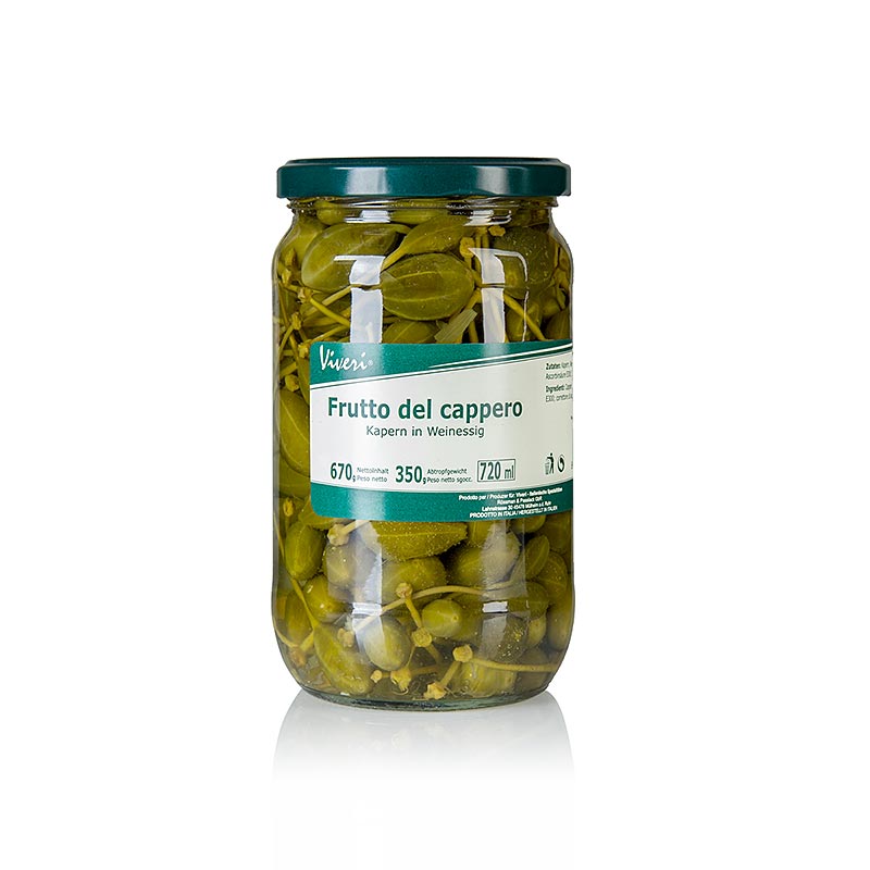 Viveri Eingelegte Kapernfrüchte, klein, mit Stiel, ø bis 15 mm, Italien - 670 g - Glas Viveri Eingelegte Kapernfrüchte, klein, mit Stiel, ø bis 15 mm, Italien - 670 g - Glas