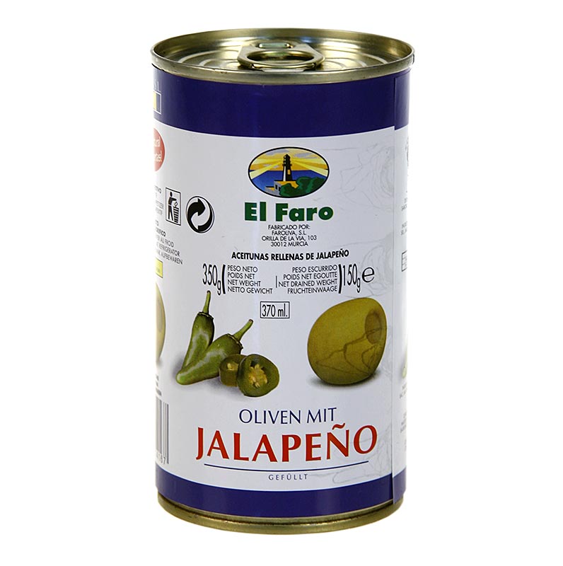 Grüne Oliven, ohne Kern, mit Jalapano Chili, El Faro - 350 g - Dose