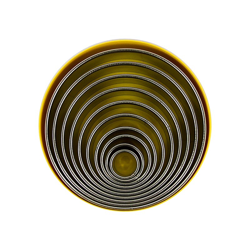 Conjunto de cortadores de biscoitos em aco inox, redondo, liso, Ø 2,2 - 14cm, 3cm de altura - 10 pecas - pode Conjunto de cortadores de biscoitos em aco inox, redondo, liso, Ø 2,2 - 14cm, 3cm de altura - 10 pecas - pode