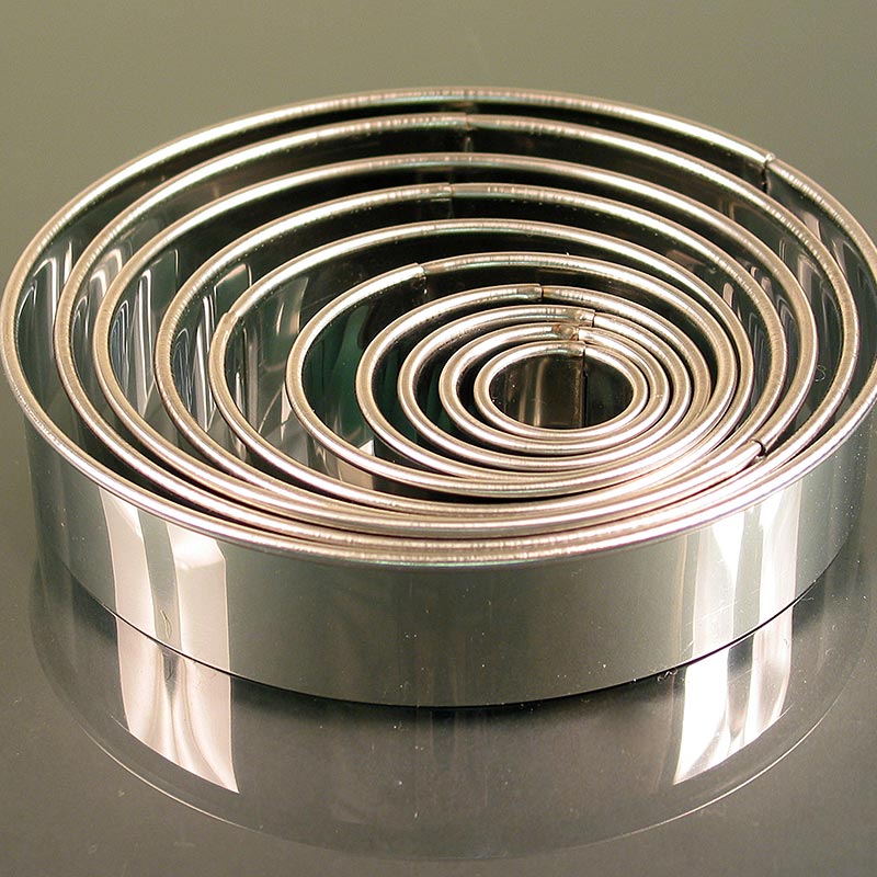 Set tagliabiscotti in acciaio inox, tondo, liscio, Ø 2,2 - 14 cm, alto 3 cm - 10 pezzi - Potere
