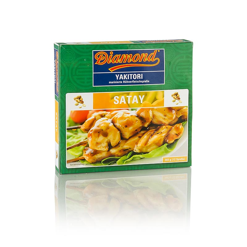 Yakitori-Hühnchenspieße, Indonesische Art, Satay Marinade, vorgegart - 360 g, 12 x 30g - Schachtel Yakitori-Hühnchenspieße, Indonesische Art, Satay Marinade, vorgegart - 360 g, 12 x 30g - Schachtel