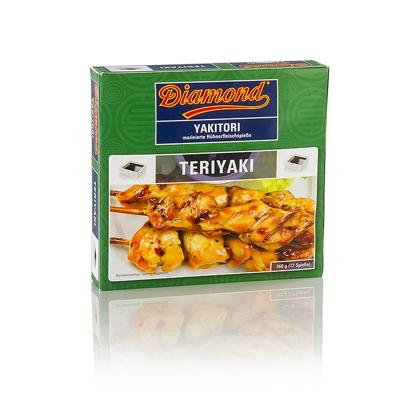 Yakitori-Hühnchenspieße, Japan Art, Teriyaki Marinade, vorgegart - 360 g, 12 x30 g - Schachtel Yakitori-Hühnchenspieße, Japan Art, Teriyaki Marinade, vorgegart - 360 g, 12 x30 g - Schachtel