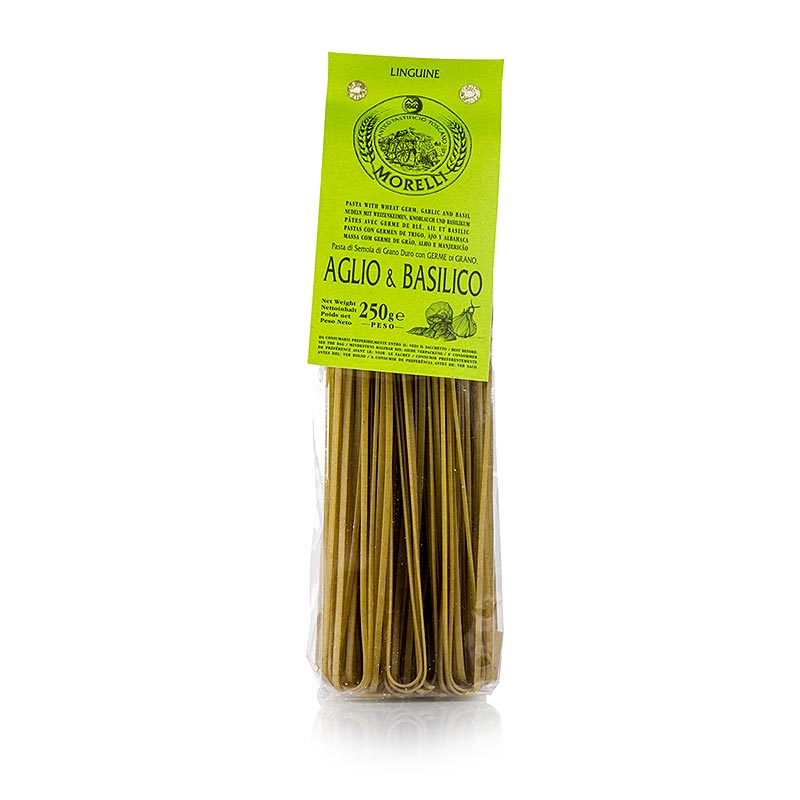 Morelli 1860 linguine, dengan bawang putih, selasih dan kuman gandum - 250 g - beg