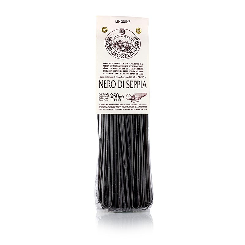 Morelli 1860 linguine, svart, med sepia blackfiskfarg och vetegroddar - 250 g - vaska