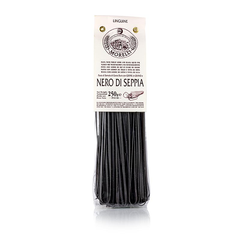 Morelli 1860 linguine, svartur, medh sepia smokkfisklit og hveitikimi - 250 g - taska