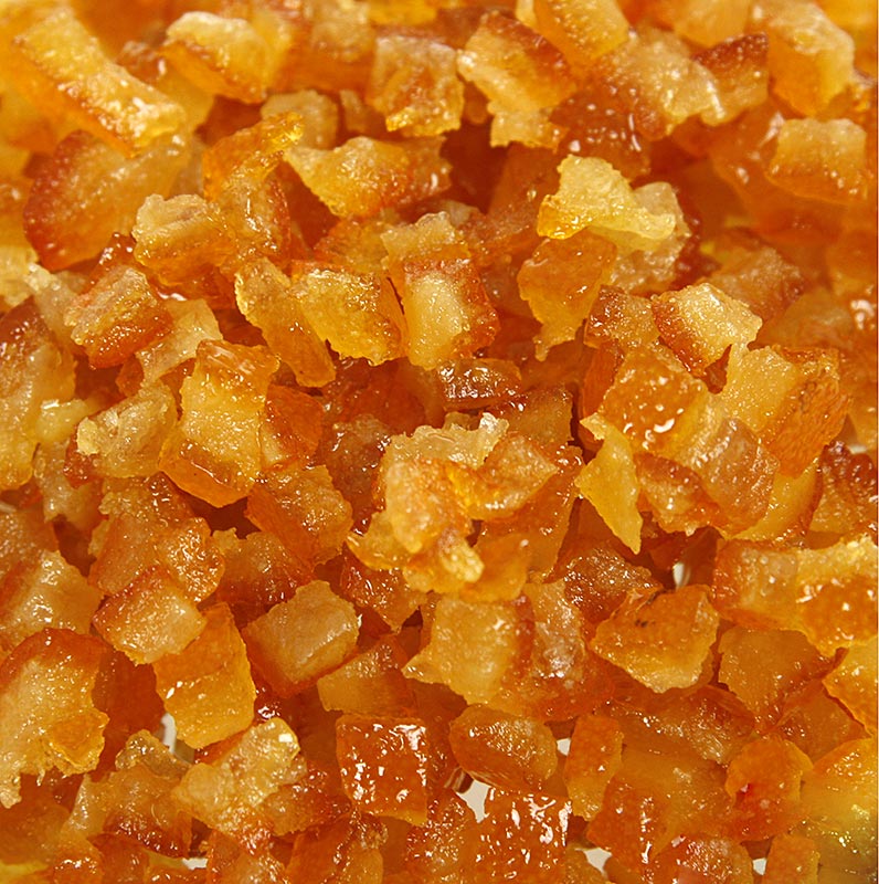 Appelsiinin kuori, sokeroitu appelsiininkuori, hienoksi kuutioitu, 6 mm, Corsiglia Facor - 2,5 kg - Pahvi