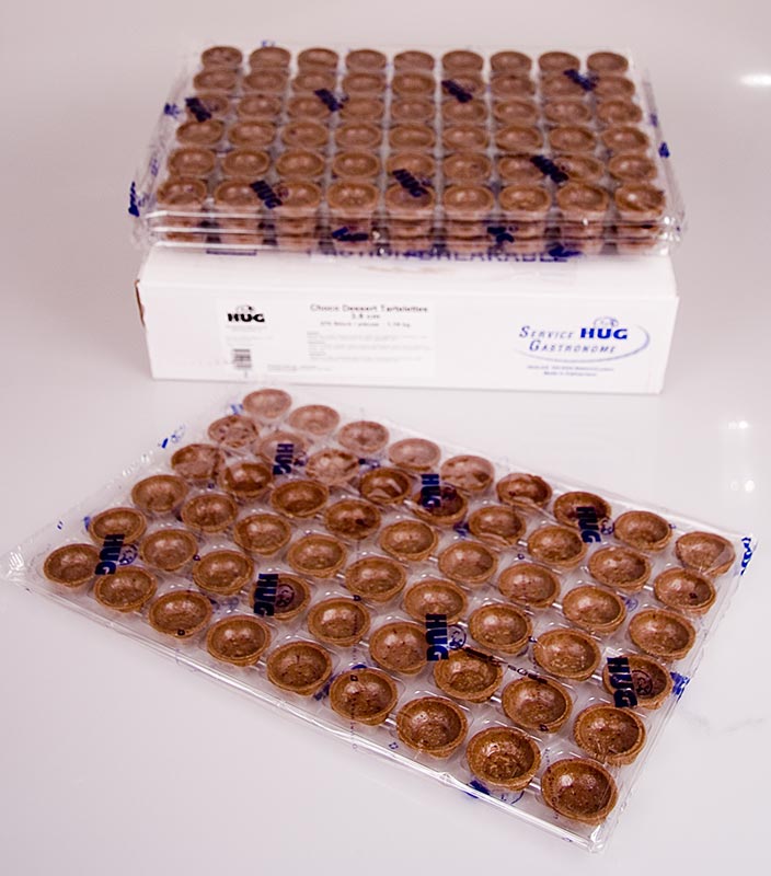 Mini tartaletas de postre, redondas, Ø 3,8 cm, Al. 1,8 cm, masa quebrada de chocolate - 1,19 kg, 270 piezas - Cartulina