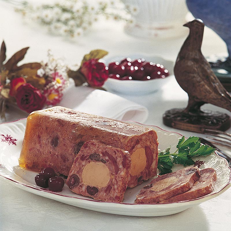 Terrine von Taube, mit Kirschen und Entenleberstopfleber (20%), Rougie - 1 kg - Pe-schale