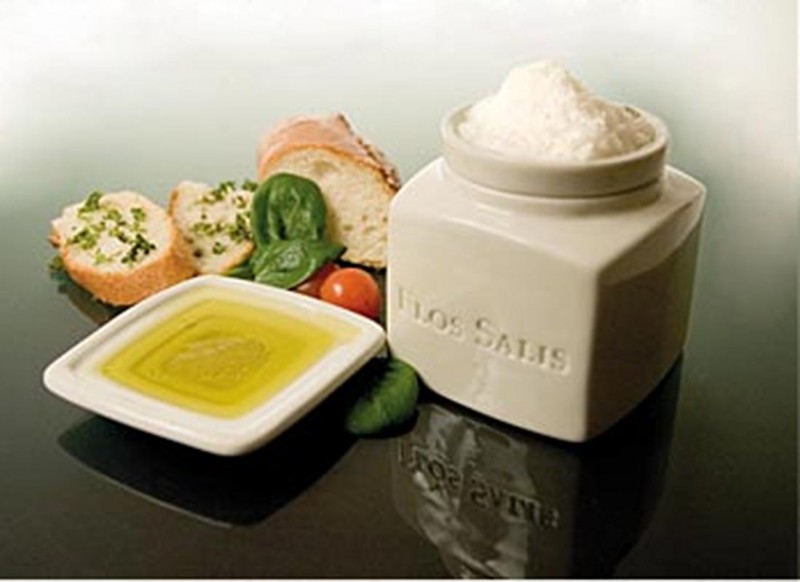 Vaso per sale da tavola Flos Salis®, grande, selezione Flor de Sal e ciotola per immersione dell`olio d`oliva - 225 g, 2 pz. - Cartone