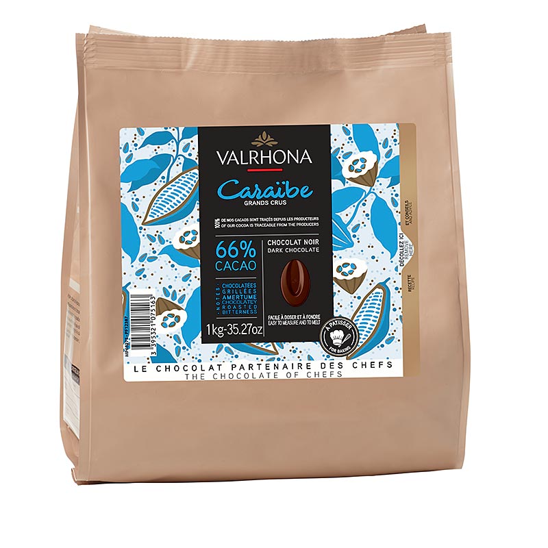 Valrhona Pur Caraibe Grand Cru, couverture gelap sebagai callets, 66% koko - 1 kg - beg