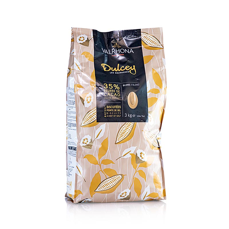 Valrhona Dulcey, Blonde Couverture com callets, 35% cacau - 3 kg - bossa Valrhona Dulcey, Blonde Couverture com callets, 35% cacau - 3 kg - bossa