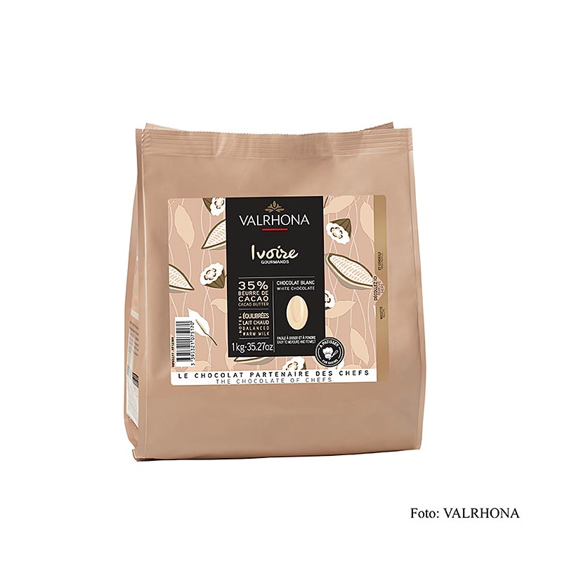 Valrhona Ivoire, cobertura branca como callets, 35% de manteiga de cacau, 21% de leite - 1 kg - bolsa