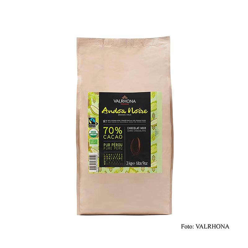 Valrhona Andoa Noire, cobertura negra, com callets, 70% cacau, certificat ecologic - 3 kg - bossa