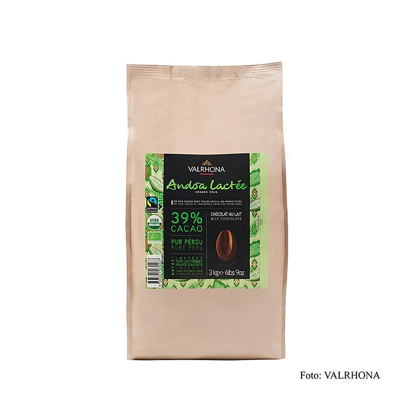 Valrhona Andoa Lactee, Couverture taysmaito, callets, 39% kaakao, luomu - 3kg - laukku