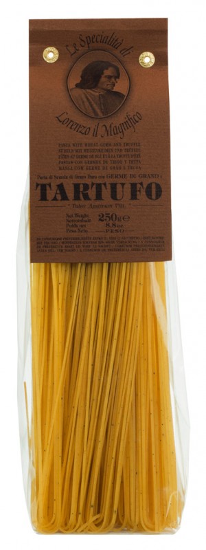 Tagliolini tryffelin kanssa, ohut tagliatelle tryffelin ja vehnanalkion kera, Lorenzo il Magnifico - 250 g - pakkaus