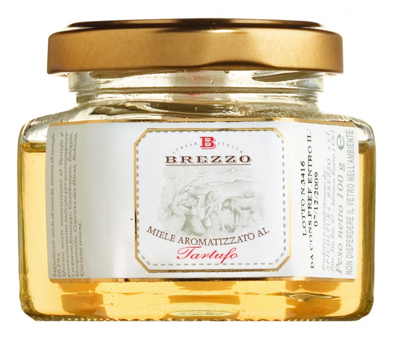 Miel de acacia con aroma de trufa, Miele aromatizzato al tartufo, Apicoltura Brezzo - 100 gramos - Vaso