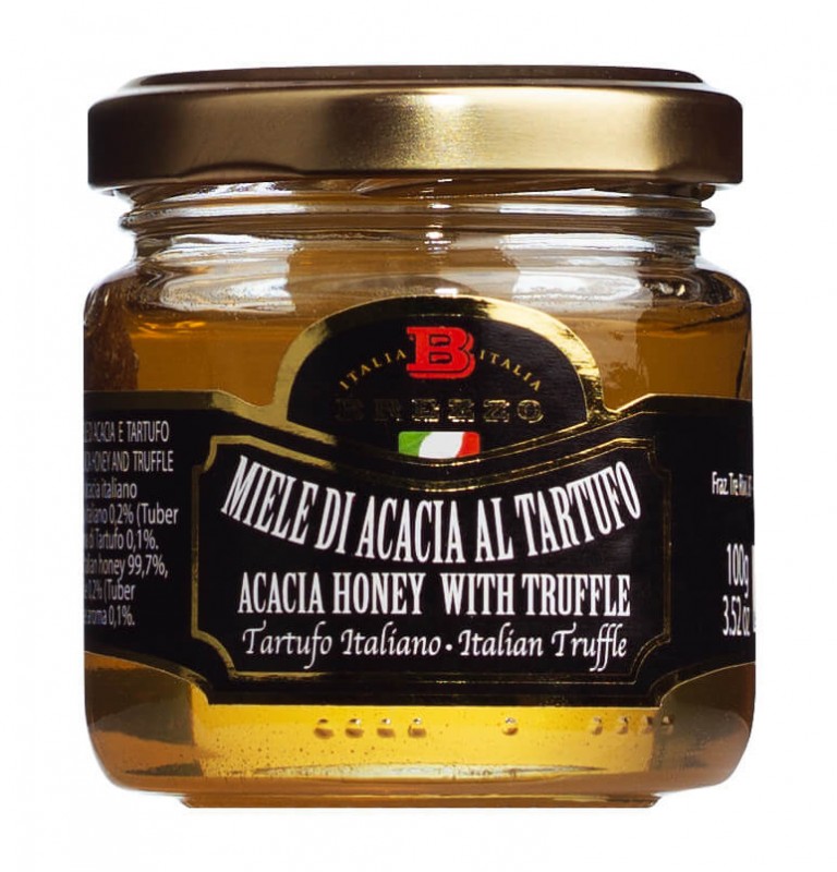 Madu akasia dengan aroma truffle, Miele aromatizzato al tartufo, Apicoltura Brezzo - 100 g - kaca