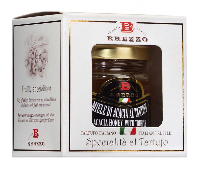 Akaasiahunaja tryffelin tuoksulla, Miele aromatizzato al tartufo, Apicoltura Brezzo - 100 g - Lasi