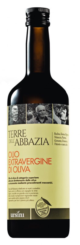 Olio extra virgen Terre dell`Abbazia, aceite de oliva virgen extra Terre dell`Abbazia, Ursini - 750ml - Botella