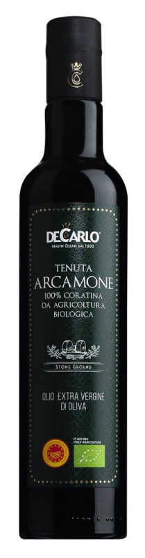 Olio extravergine Terre di Bari DOP biologico, olio extravergine di oliva Tenuta Arcamone, biologico, De Carlo - 500ml - Bottiglia