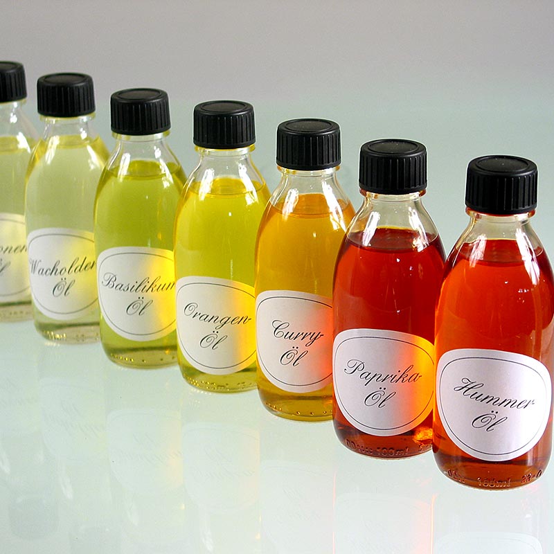 Ölsortiment: Basilikum, Curry, Orange, Paprika, Wacholder, Zitrone, Hummer - 700 ml, 7 x 100 ml - Flaschen Ölsortiment: Basilikum, Curry, Orange, Paprika, Wacholder, Zitrone, Hummer - 700 ml, 7 x 100 ml - Flaschen
