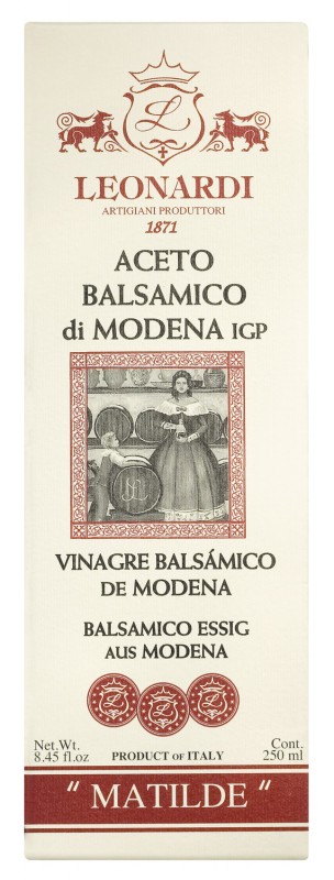 Vinagre balsamico, envejecido durante al menos 6 anos, Aceto balsamico di Modena IGP Matilde, Leonardi L176 - 250ml - Botella