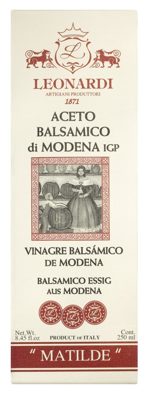 Vinagre balsamic, envellit almenys 6 anys, Aceto balsamico di Modena IGP Matilde, Leonardi L176 - 250 ml - Ampolla